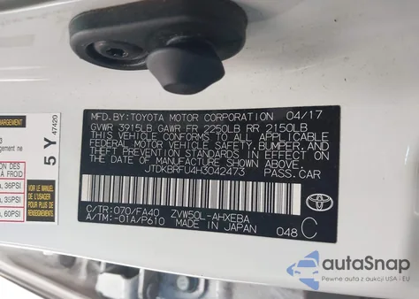 2017 Toyota Prius Two from USA, damaged, VIN JTDKBRFU4H3042473